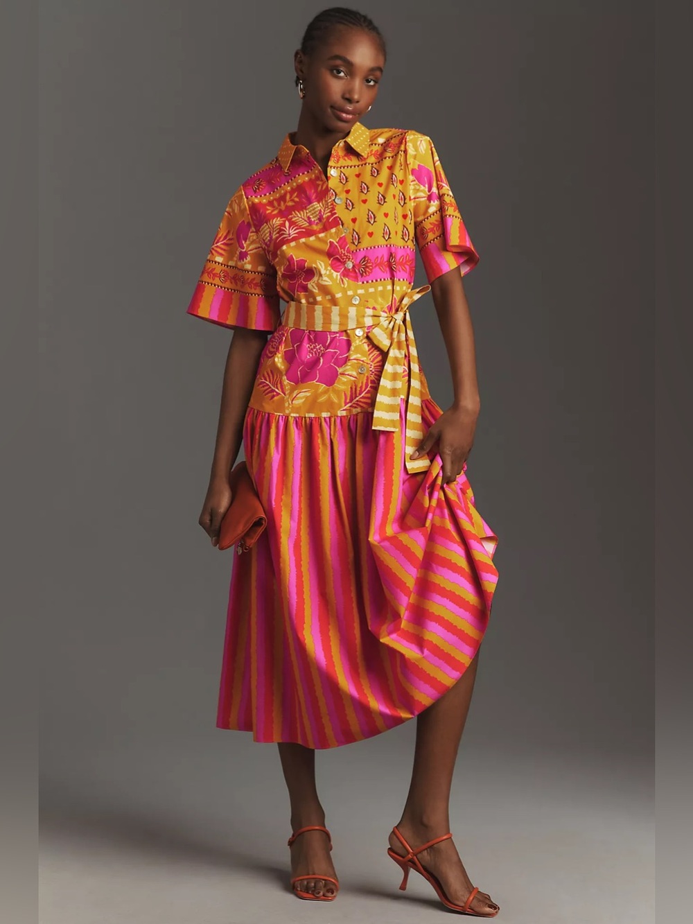 NWT Anthropologie Farm Rio Tie Waist Midi ShirtDress Pink Gold Stripe Tropical M